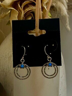 Vintage Shube's Sterling Silver Blue Fire Opal Hammered Double Hoop Earrings